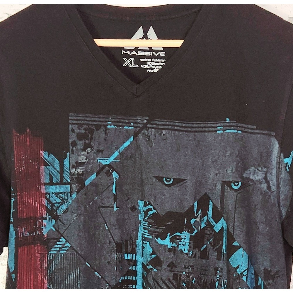 Massive V-Neck Graphic T-Shirt XL Black Blue Red Abstract Panther Face Art Tee - Picture 3 of 16